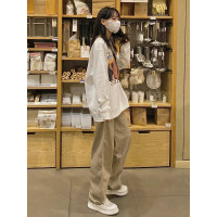 145卡其色直筒工裝褲女2023年春季小個子寬鬆顯高150垂感闊腿褲子