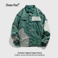 XUANFAN美式潮牌小眾設計感撞色拼接做舊夾克男女寬鬆bf牛仔外套