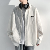 華夫格長袖襯衫男ins港風痞帥工裝襯衣外套寬鬆情侶潮流休閒衣服