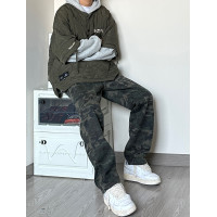 歐美風褲子vibe美式復古軍綠色迷彩牛仔褲直筒雙膝B01伐木工裝褲