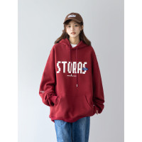 AzLan紅色連帽運動衫女春秋款2023新款重磅380G美式復古印花上衣潮