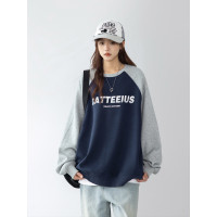 AzLan380G重磅美式復古衛衣女小個子圓領寬鬆拼接插肩袖印花上衣