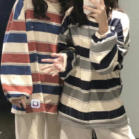 ins超火新款流行條紋長袖T恤女春秋暗黑風中長版撞色學生寬鬆上衣