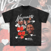 小紅書熱賣|內馬爾Neymar足球球星復古印花長袖短袖T恤水洗做舊重