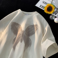 HUIMO 漸層色蝴蝶圓領短袖男女ins高級感上衣夏季休閒情侶t恤衫