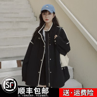 時尚氣質感拼色工裝風衣女春秋2023新款韓版赫本風寬鬆休閒外套