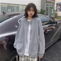 設計感削肩衛衣女秋新款排扣開衫薄款外套學生寬鬆純色藏肉上衣服