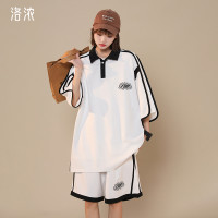 洛濃無性別夏季短袖短褲套裝男女設計感學院風寬鬆美式潮牌青少年