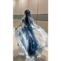 迪士尼在逃公主裙lolita吊帶洋裝藍色花嫁重工拖尾羅莉塔蓬蓬裙