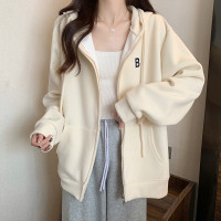 連帽運動衫女帽衫寬鬆2023春秋新款潮牌字母拉鍊抽繩開衫奶系外套女