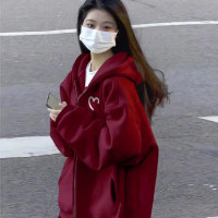 酒紅色開衫拉鍊衛衣外套女春秋2023新款爆款連帽oversize寬鬆上衣