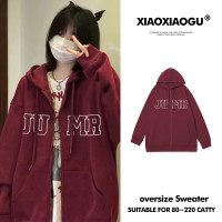 美式復古外套開衫女春秋薄款連帽加絨拉鍊大尺碼棗紅色寬鬆質感衛衣