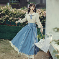 秋季女裝法式浪漫文藝學院風復古大擺裙日常杏色羅莉塔洋裝氣質