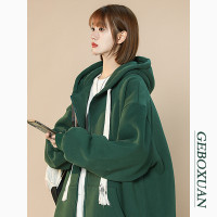墨綠色oversize外套加絨加厚棒球服春秋女小個子秋冬連帽拉鍊衛衣
