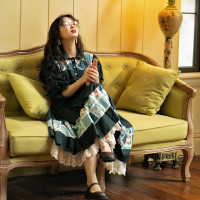 pinkwink小星夜 原創春夏復古泡泡袖翻領半袖墨綠色長版洋裝