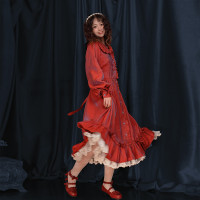 pinkwink小星夜 秋原創反光紅漸層色氣質復古大擺蕾絲長袖洋裝