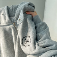 高級感灰色開衫厚棉T2023春秋季薄新款韓版寬鬆慵懶休閒連帽外套女