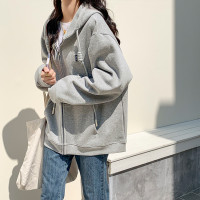 拉鍊連帽運動衫女春秋2023新款灰色字母開衫時尚百搭加絨寬鬆外套女