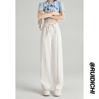 冰絲闊腿褲女夏季純色簡約直筒褲美式復古寬鬆百搭垂感休閒褲子潮