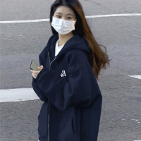 藏青色國潮hiphop高級感連帽運動衫女寬鬆薄款春秋2023新款拉鍊外套
