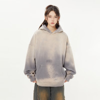 高街復古噴馬騮洗水做舊磨邊破洞衛衣男女oversize寬鬆潮牌連帽衫