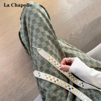 拉夏貝爾高腰寬褲女春秋款復古寬鬆休閒垂感拖地直筒棋盤格子褲