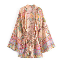 Женское кимоно с поясом, винтажное богемное Короткое Кимоно с цветочным принтом, V-образным вырезом и рукавами «летучая мышь»