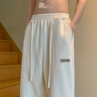 hiphop垂感褲子男秋季潮流鬆緊腰華夫格白色休閒褲oversize直筒褲