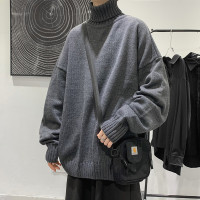 bf慵懶風可翻高領外穿毛衣男生冬裝韓版純色加厚百搭寬鬆針織線衫