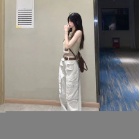 米白色美式高街工裝褲口袋寬鬆運動褲女男高腰顯瘦闊腿褲子秋潮牌