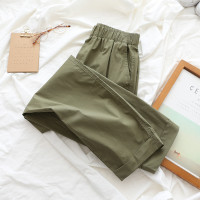 軍綠色工裝褲女夏季薄款大尺碼梨形身材顯瘦鬆緊腰闊腿休閒九分褲