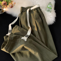 軍綠色阿美咔嘰工裝褲直筒鬆緊腰純棉褲子oversize美式大尺碼寬褲