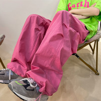多巴胺穿搭火龍果色褲子冰絲速乾玫紅色衝鋒褲防曬抽繩束腳工裝褲
