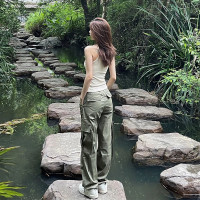 軍綠色速乾美式高街工裝褲寬鬆運動褲女男高腰顯瘦闊腿褲子秋潮牌