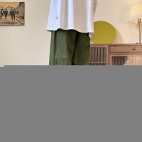 bei美式復古軍綠色後面帶拉鍊的褲子寬鬆bf慵懶風工裝闊腿直筒褲