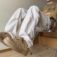 杏色潮流速乾褶皺冰絲褲美式ins涼感降落傘褲子oversize工裝長褲