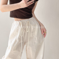 高街美式褶皺抽繩工裝傘兵褲女夏高腰顯瘦寬鬆休閒直筒束腳紙袋褲