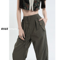 歐美式復古高腰闊腿工裝褲女2023年新款春秋季高街小個子休閒褲潮