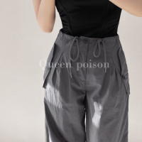 惡霸女主低腰抽繩褶皺速乾工裝褲女夏寬鬆休閒顯瘦直筒束腳闊腿褲