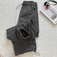 美式機能風辣妹運動工裝褲女夏季薄款鬆緊高腰抽繩束腳闊腿長褲女