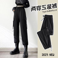 美式束腳工裝褲女春秋2023新款抽繩高腰寬鬆顯瘦黑色加長休閒直筒