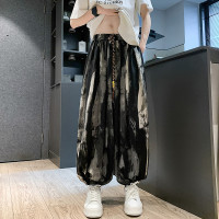 紮染黑色冰絲褲子男潑墨設計感小眾燈籠哈倫褲痞帥寬鬆垂感闊腿褲