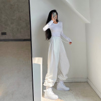春秋季2023新款美式寬鬆闊腿運動褲ins白色休閒褲子束腳衛褲女潮