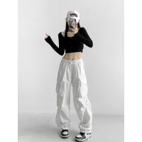 美式hiphop高腰白色工裝褲女寬鬆休閒闊腿束口褲高街機能褲嘻哈褲