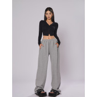 ANJITT 2023新款寬鬆直筒運動厚棉褲高腰寬褲白色休閒褲子女春秋