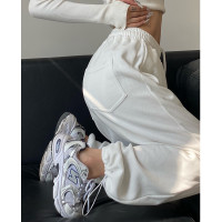 春秋季束腳運動褲女高腰寬鬆顯瘦闊腿直筒休閒美式白色衛褲夏