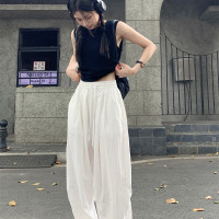 鬆緊腰垂感休閒褲女秋季白色百搭速乾運動褲子小個子寬鬆闊腿長褲