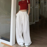 菡尚潮品~日系嘻哈白色褲子女純棉寬鬆潮牌休閒寬褲oversize風
