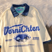 WEYWOT 日系復古拼色字母Polo衫男女潮牌寬鬆情侶百搭學生黨短袖