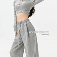 灰色運動褲女夏季薄款小個子高腰直筒寬褲美式寬鬆束腳春秋衛褲